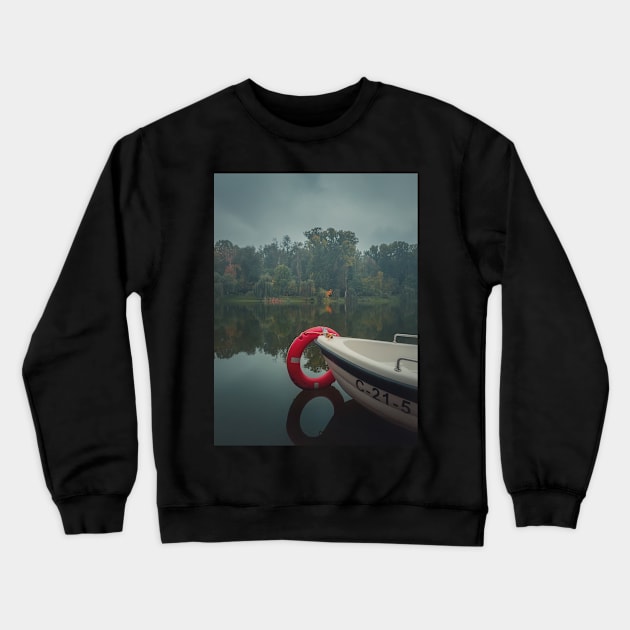 boat on the lake Crewneck Sweatshirt by psychoshadow